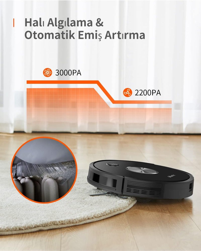 أولتينيك مكنسة كهربائية روبوتية Ultenic D5s Pro بقوة شفط 3000 باسكال، متصلة بالواي فاي، تحتوي على وظيفة مسح الأرضيات، رقيقة جدًا، يمكن التحكم فيها عبر تطبيق Alexa، تأتي مع شرائط تحديد الحدود، وتقوم بالشحن الذاتي، مزودة بمكنسة لإزالة شعر الحيوانات الأليفة من السجاد. - Image 4