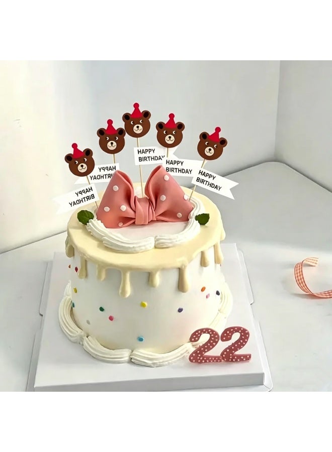 Happy Birthday Decorations Cake Toppers Party Props (Pack of 10 Cup Cake Toppers, Teddy Bears with Hat) - Image 1