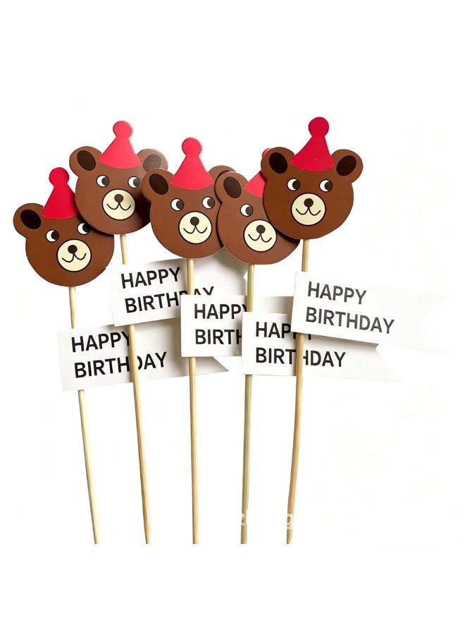 Happy Birthday Decorations Cake Toppers Party Props (Pack of 10 Cup Cake Toppers, Teddy Bears with Hat) - Image 3