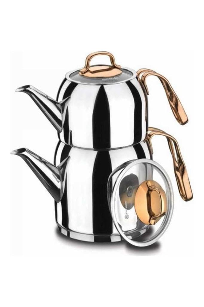 Korkmaz Korkmaz A192 Rosanna Turkish Teapot Set for Stovetop 1810 Stainless Steel Double Tea Maker with Heat Resistant Handles Samovar Style Tea Kettle with 30 Oz 900ml  54 Oz 1600ml 