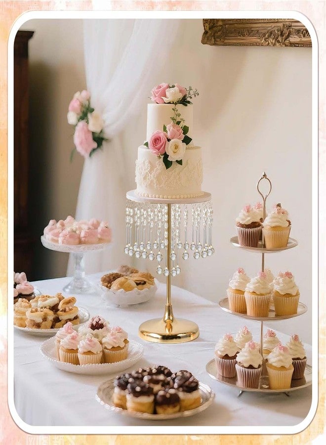 kolnlala Round Crystal Cake Stand - Metal Display Stand with Crystal Pendants for Wedding, Birthday Party Dessert Table Decor - Anniversary Celebration Cake Base Tray (Gold, 2 Pcs-12×15.5") - Image 4