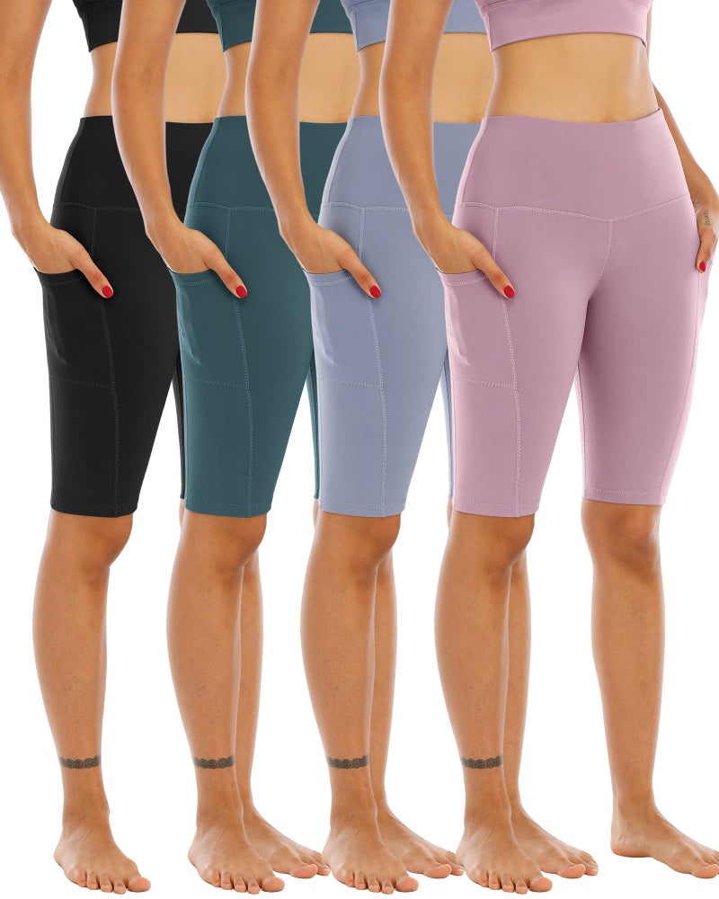 WHOUARE 4 Pack Biker Yoga Shorts with Pockets for Women,High Waisted Athletic Running Workout Gym Shorts Tummy Control, Black,Red Bean Paste,Gray Blue,Bean Green,L - Image 1