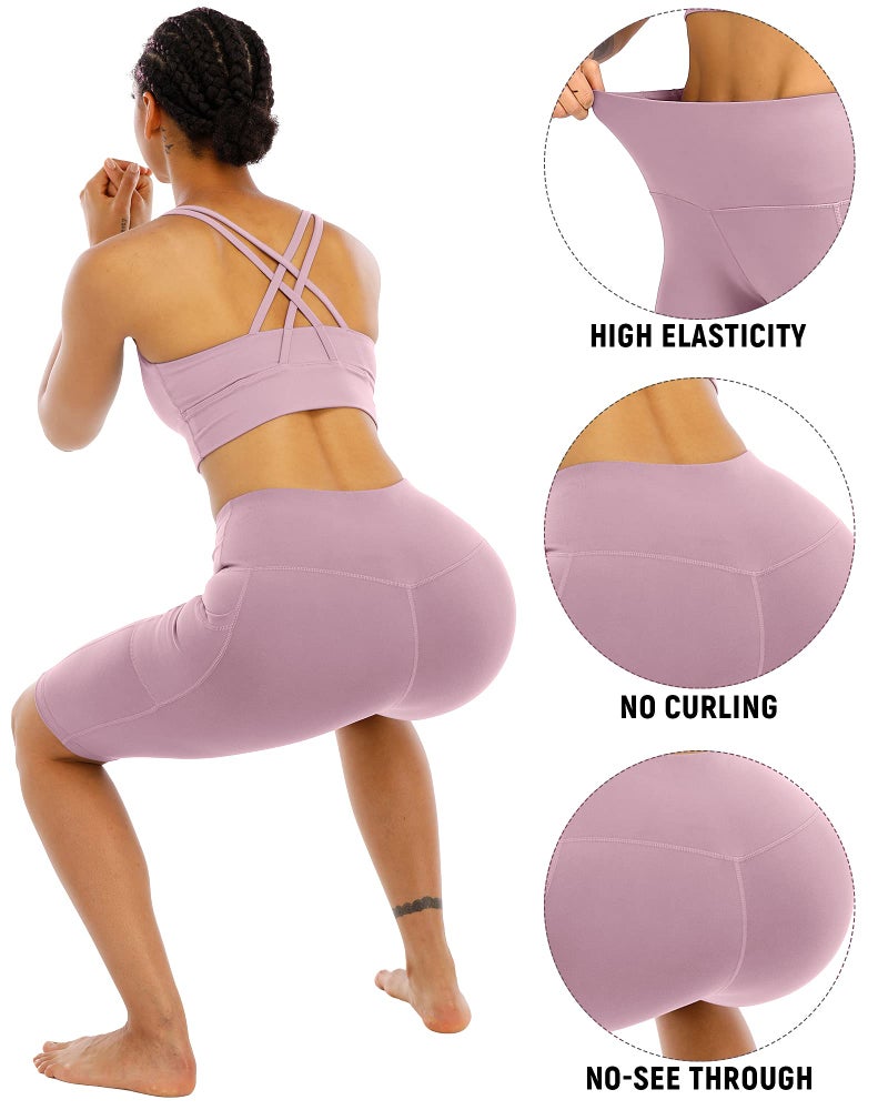 WHOUARE 4 Pack Biker Yoga Shorts with Pockets for Women,High Waisted Athletic Running Workout Gym Shorts Tummy Control, Black,Red Bean Paste,Gray Blue,Bean Green,L - Image 4