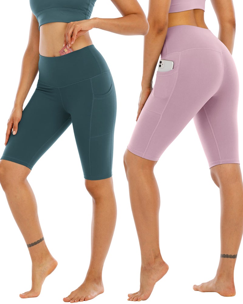 WHOUARE 4 Pack Biker Yoga Shorts with Pockets for Women,High Waisted Athletic Running Workout Gym Shorts Tummy Control, Black,Red Bean Paste,Gray Blue,Bean Green,L - Image 2