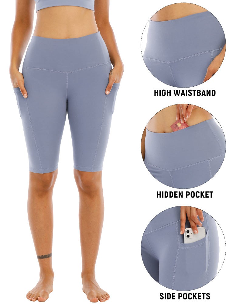 WHOUARE 4 Pack Biker Yoga Shorts with Pockets for Women,High Waisted Athletic Running Workout Gym Shorts Tummy Control, Black,Red Bean Paste,Gray Blue,Bean Green,L - Image 3