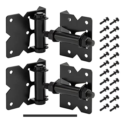 HILLMASTER 2 Pack Self Closing Gate Hinges for Wooden Fences Heavy Duty Solid Vinyl Fence Gate Closer Hinges with 22 Screws Swing Adjuster Tool 90 Degree Tension Gate Hardware Kit Black Finish - Image 1