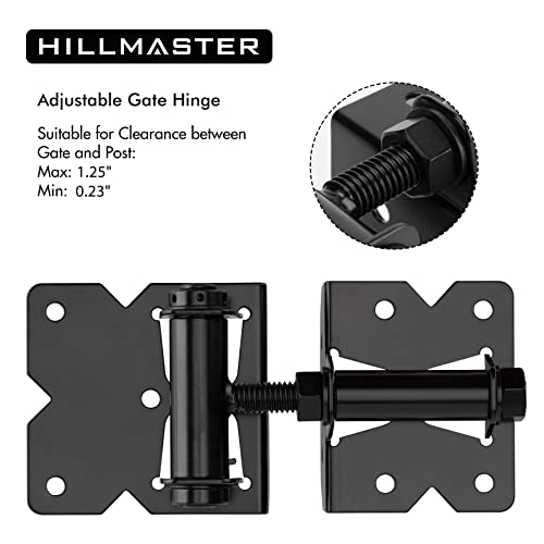 HILLMASTER 2 Pack Self Closing Gate Hinges for Wooden Fences Heavy Duty Solid Vinyl Fence Gate Closer Hinges with 22 Screws Swing Adjuster Tool 90 Degree Tension Gate Hardware Kit Black Finish - Image 4