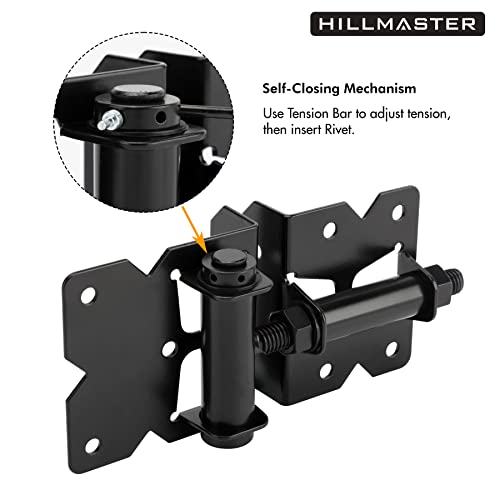HILLMASTER 2 Pack Self Closing Gate Hinges for Wooden Fences Heavy Duty Solid Vinyl Fence Gate Closer Hinges with 22 Screws Swing Adjuster Tool 90 Degree Tension Gate Hardware Kit Black Finish - Image 3