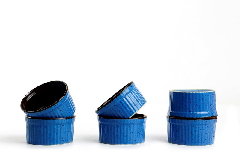 Caffeine Ceramic Handmade Blue Brown ramekins Bowl Set of 6 150 ml - Image 3