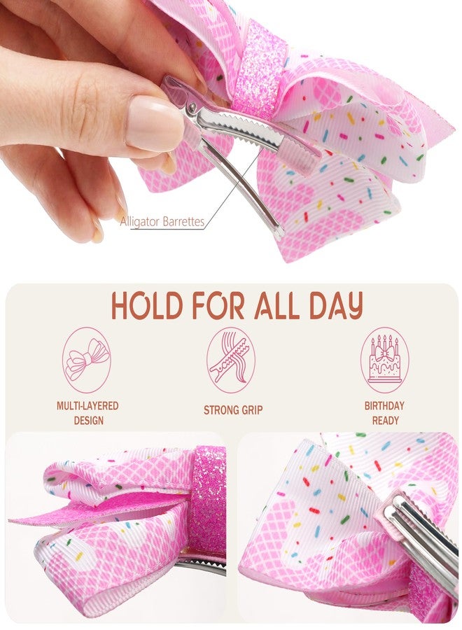 KEXINSTAR 4'' Birthday Hair Bow Clips 2pc Pink Glitter Birthday Bows for Girls Hair Accessories Ice Cream Party Decor for Toddler Girl Outfit - Image 4