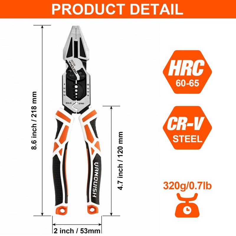 VANQUISH 8-in-1 Linesman Pliers, 8â€™â€™ Multipurpose Combination Pliers Wire Cutter/Crimper/Stripper, CRV Steel Hand Tool, Heavy Duty Side-Cutting Pliers for Crimping, Stripping, Shearing, Screwing, 3238 - Image 2