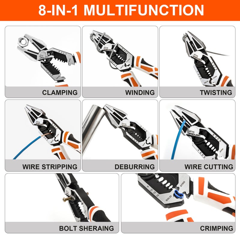 VANQUISH 8-in-1 Linesman Pliers, 8â€™â€™ Multipurpose Combination Pliers Wire Cutter/Crimper/Stripper, CRV Steel Hand Tool, Heavy Duty Side-Cutting Pliers for Crimping, Stripping, Shearing, Screwing, 3238 - Image 4