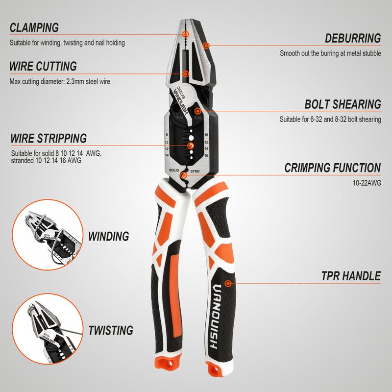 VANQUISH 8-in-1 Linesman Pliers, 8â€™â€™ Multipurpose Combination Pliers Wire Cutter/Crimper/Stripper, CRV Steel Hand Tool, Heavy Duty Side-Cutting Pliers for Crimping, Stripping, Shearing, Screwing, 3238 - Image 3