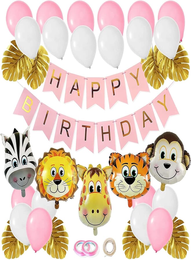 Secret Jungle Birthday Decorations Set with Happy Birthday Banner, Safari Animal Foil Balloons, Gold Leaves, Latex Balloons for Party Decorations, Party Supplies for Girls, Pink