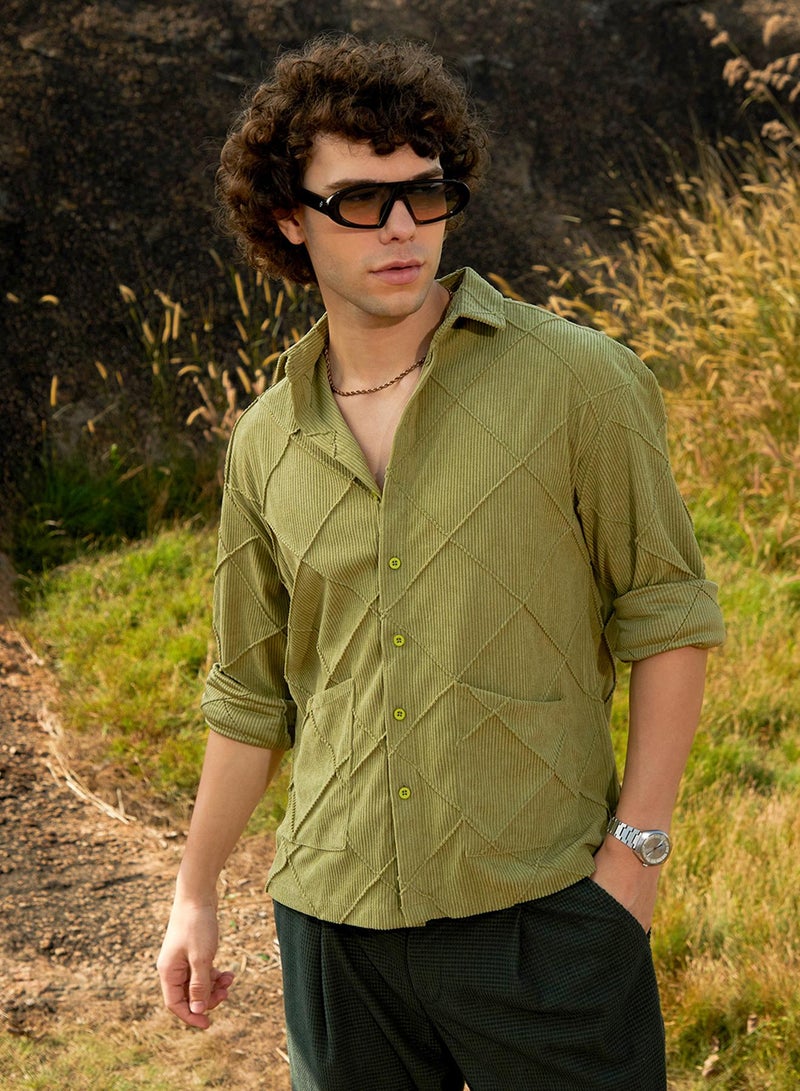 Campus Sutra Men's Pistachio Green Grid-Corduroy Shirt  - Image 1