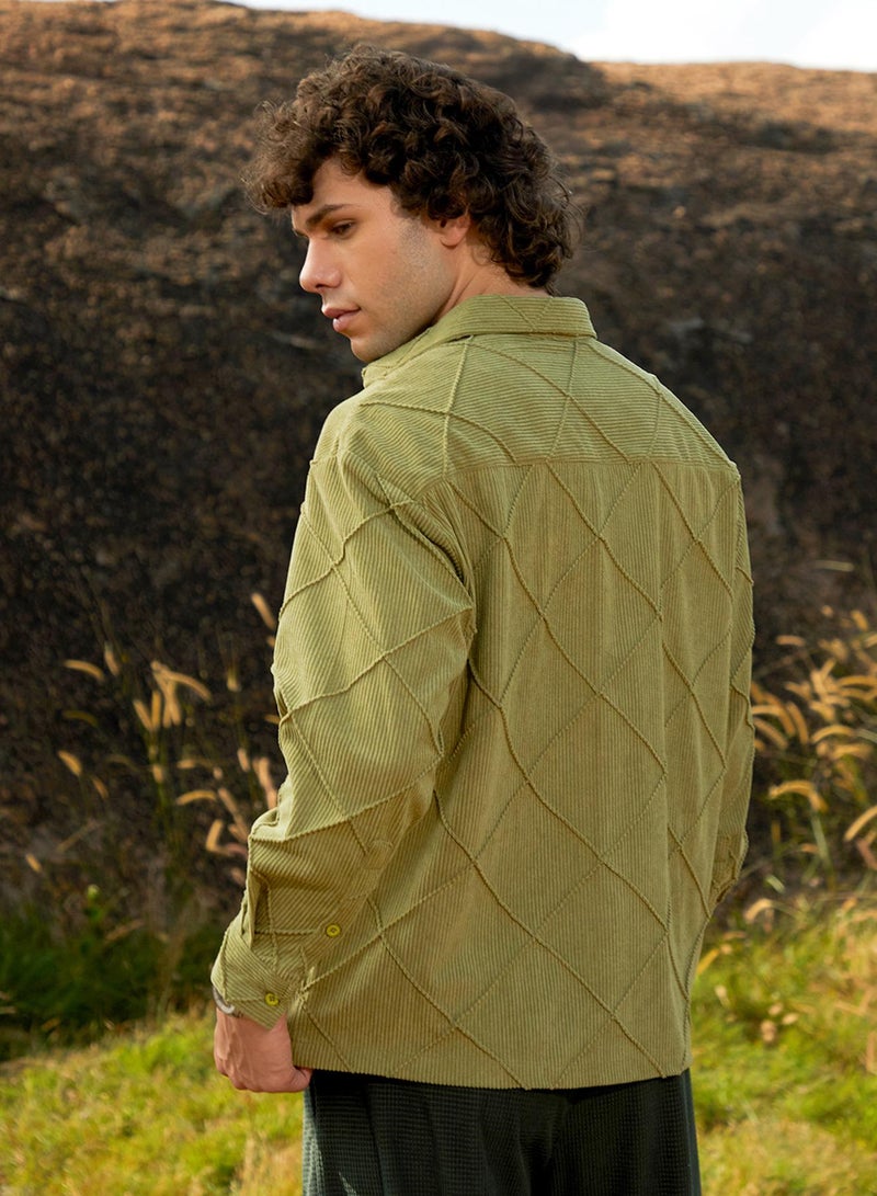 Campus Sutra Men's Pistachio Green Grid-Corduroy Shirt  - Image 5