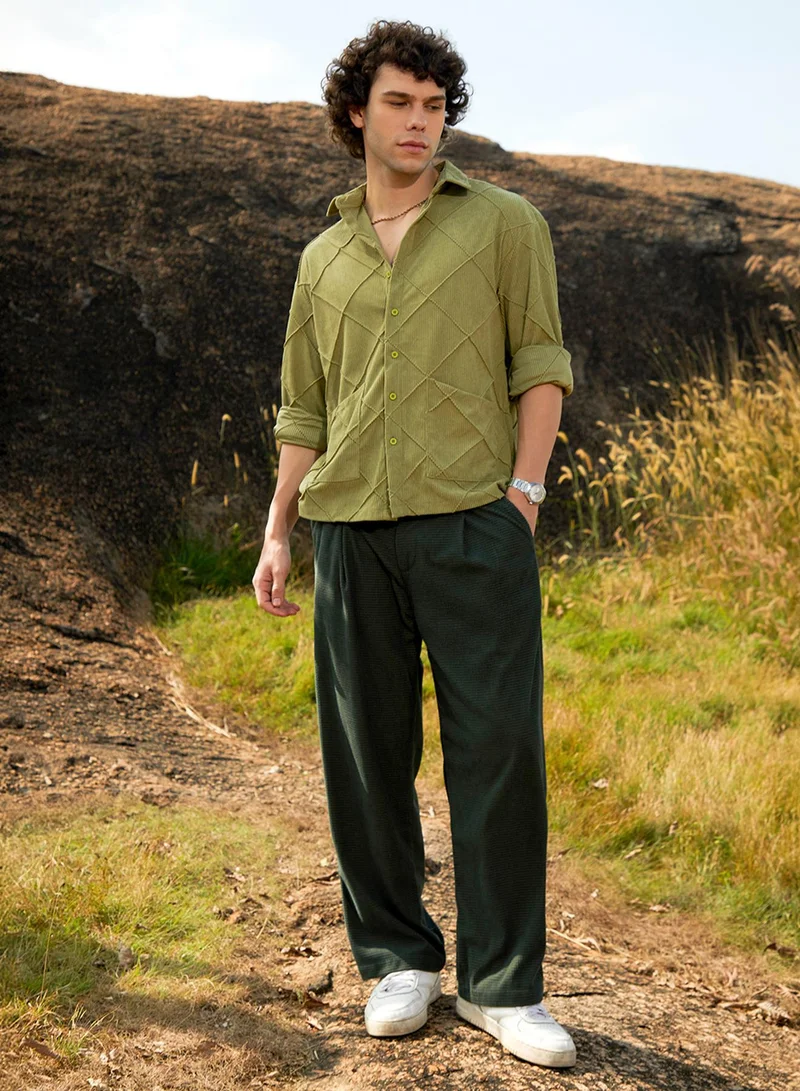 Campus Sutra Men's Pistachio Green Grid-Corduroy Shirt