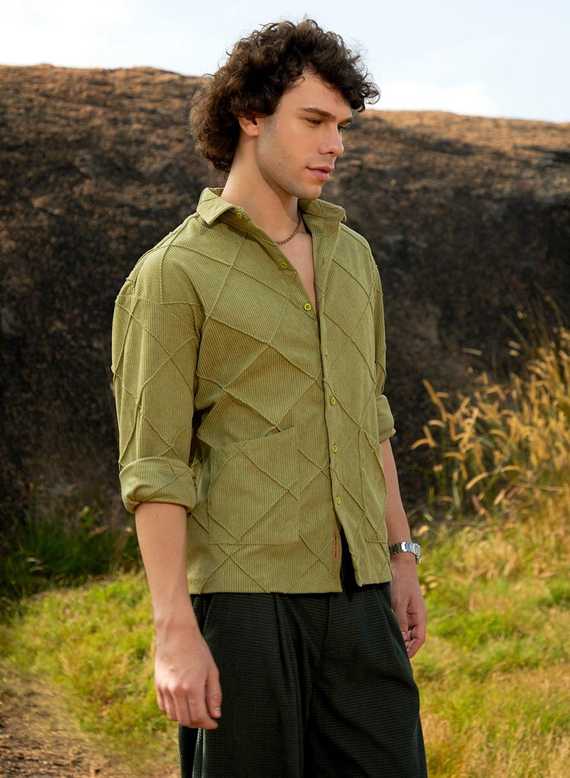 Campus Sutra Men's Pistachio Green Grid-Corduroy Shirt  - Image 3