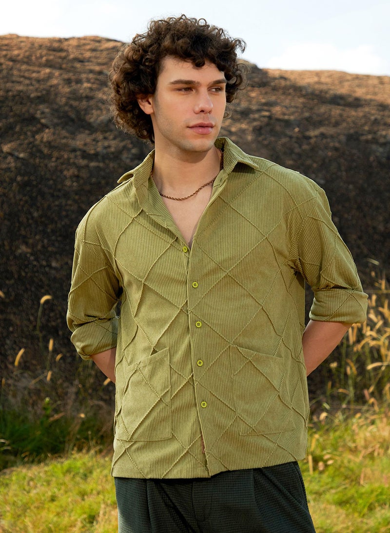 Campus Sutra Men's Pistachio Green Grid-Corduroy Shirt  - Image 2
