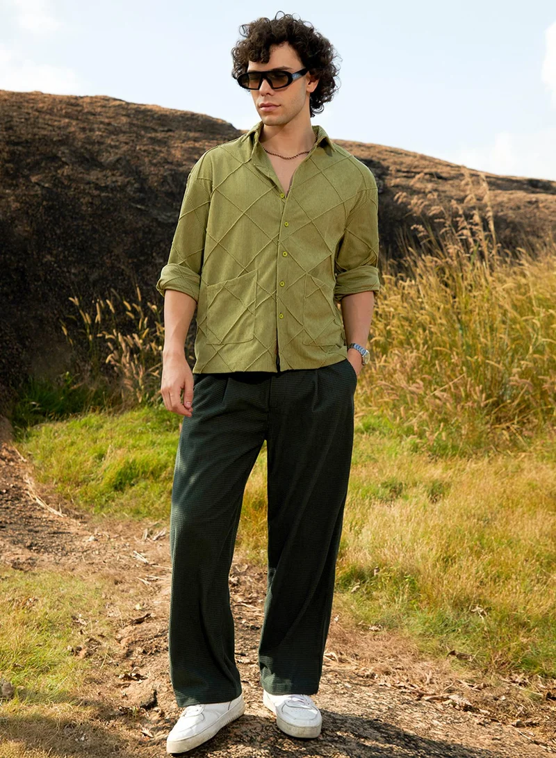 Campus Sutra Men's Pistachio Green Grid-Corduroy Shirt