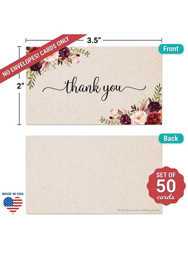 321Done بطاقات شكر صغيرة (مجموعة من 50) بحجم بطاقة العمل 3.5X2 ورود حمراء على كرافت تان الريفي للهدايا والحفلات وحفلات الزفاف والأعمال الصغيرة وأي مناسبة مصنوعة في الولايات المتحدة الأمريكية زهور - Image 3