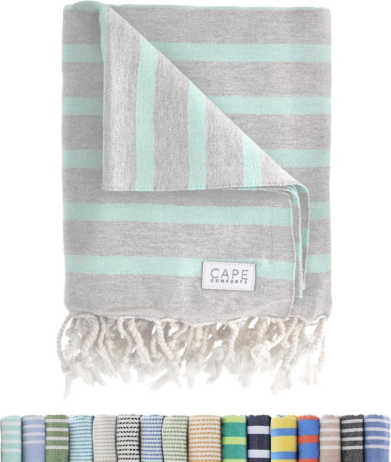 Cape Comforts Large Turkish Beach Towel, Striped Light Grey & Mint - 37'' x 67'' - Super Soft & Lightweight - Quick Dry Sand Free Travel Towels for Beach or Bath - Gifts - Image 1