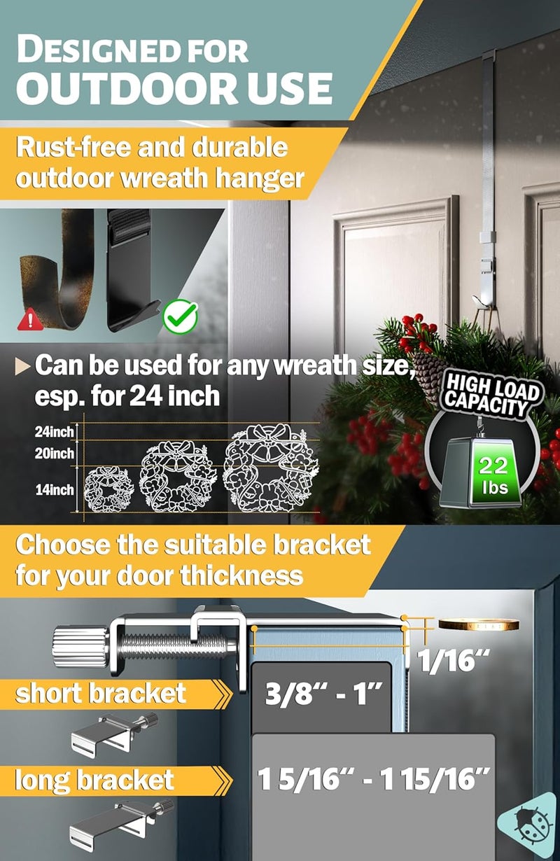 MNZ Wreath Door Hanger - Adjustable Wreath Hanger for Front Door as Non-Scratch Decoration Holder for Christmas, Easter and Halloween, Decoration Hook for Christmas swags Outdoor, Stainless Steel - Image 5