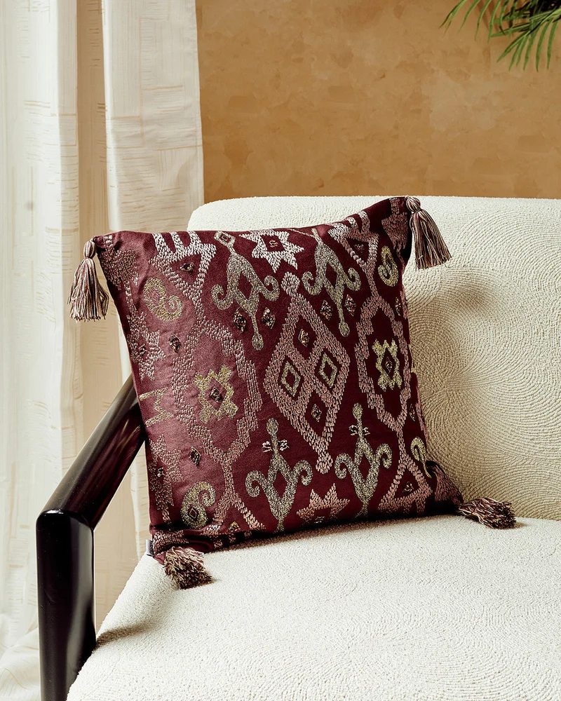 REDTAG Purple Embroidered Cushion With Tassels