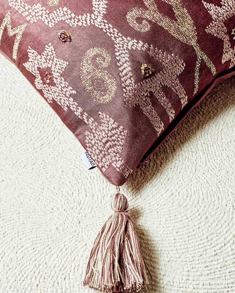 REDTAG Purple Embroidered Cushion With Tassels
