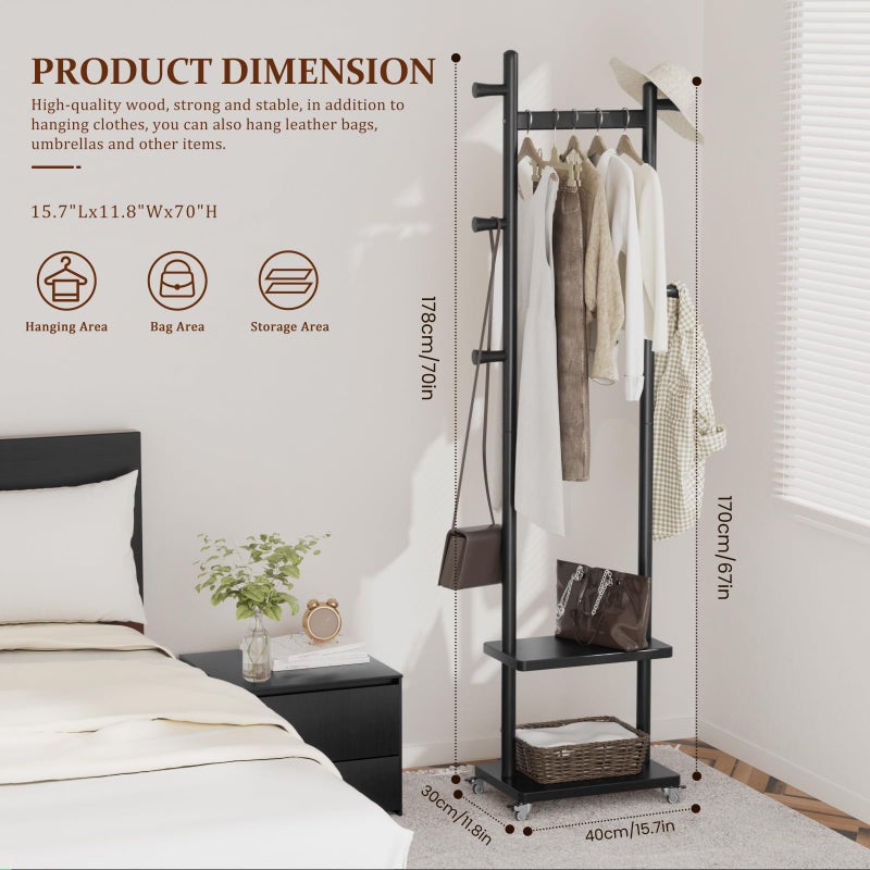 Taitiy Solid Wood Coat Rack Freestanding Clothing Rack with Wheels & 2 Shelves Storage & 5 Hooks Heavy Duty Clothes Rack Wood Coat Tree Stand Hat Hanger Rack for Corner Bedroom Entryway Living Room Hotel - Image 3