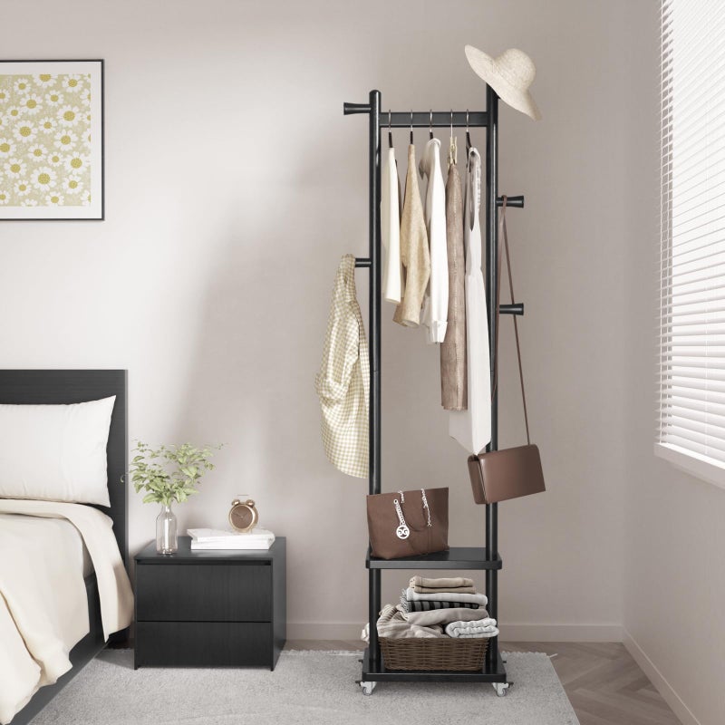 Taitiy Solid Wood Coat Rack Freestanding Clothing Rack with Wheels & 2 Shelves Storage & 5 Hooks Heavy Duty Clothes Rack Wood Coat Tree Stand Hat Hanger Rack for Corner Bedroom Entryway Living Room Hotel - Image 1