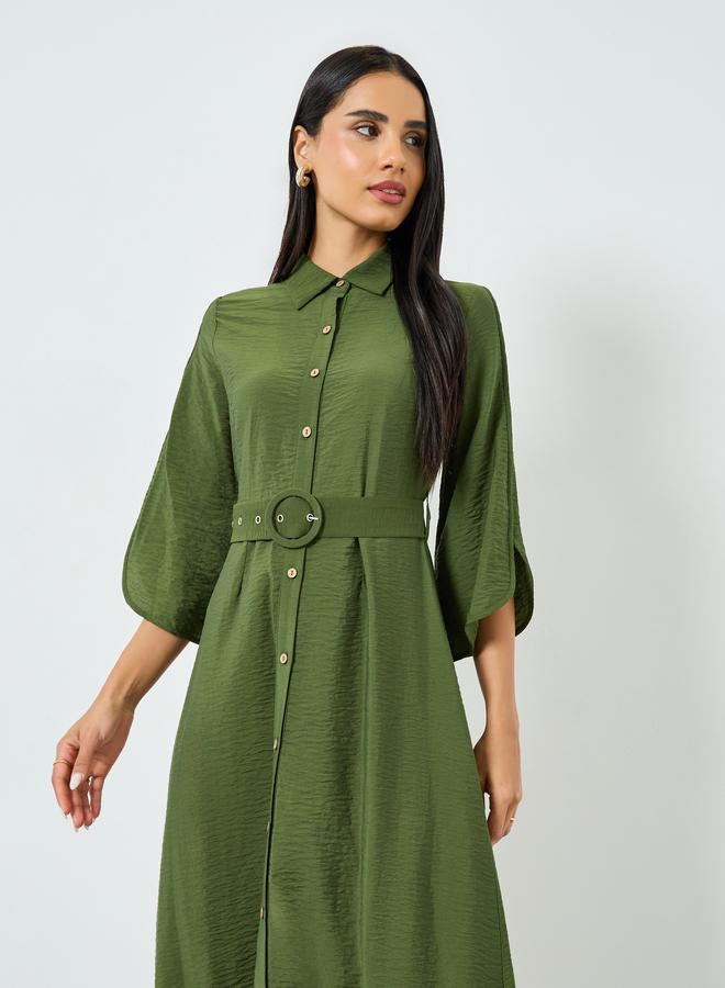 ستايلي فستان طويل بنمط قميص وحزام - Image 3