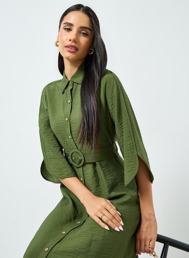 ستايلي فستان طويل بنمط قميص وحزام - Image 2