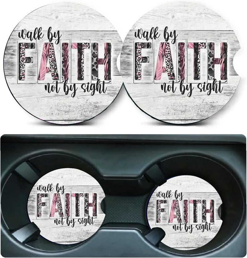 Ldntly Car Coasters for Cup Holders,2 Pack Christian Gifts Car Cup Holder Coasters,2.75" Universal Size Anti Slip Rubber Mat,Automotive Cup Holder Decal Decor Accessories,Walk by Faith Gifts for Women,Men - Image 1