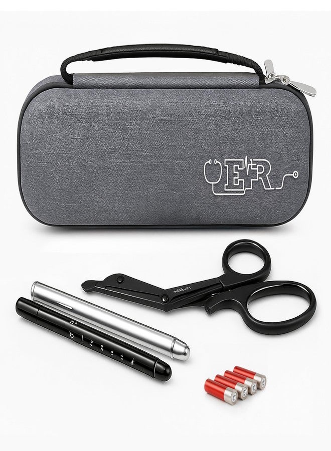 Ever Ready First Aid Stethoscope Case Including Titanium Shears, 2 Penlights Black & Silver Fits Littmann-Type Stethoscope, Rubber Grip Handle - Gray - Image 1