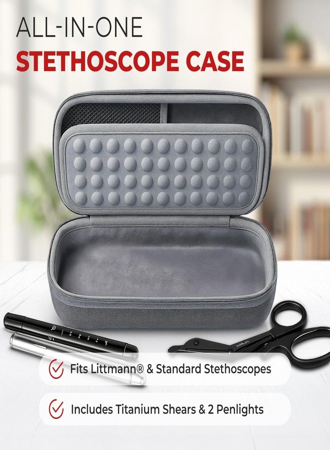 Ever Ready First Aid Stethoscope Case Including Titanium Shears, 2 Penlights Black & Silver Fits Littmann-Type Stethoscope, Rubber Grip Handle - Gray - Image 2