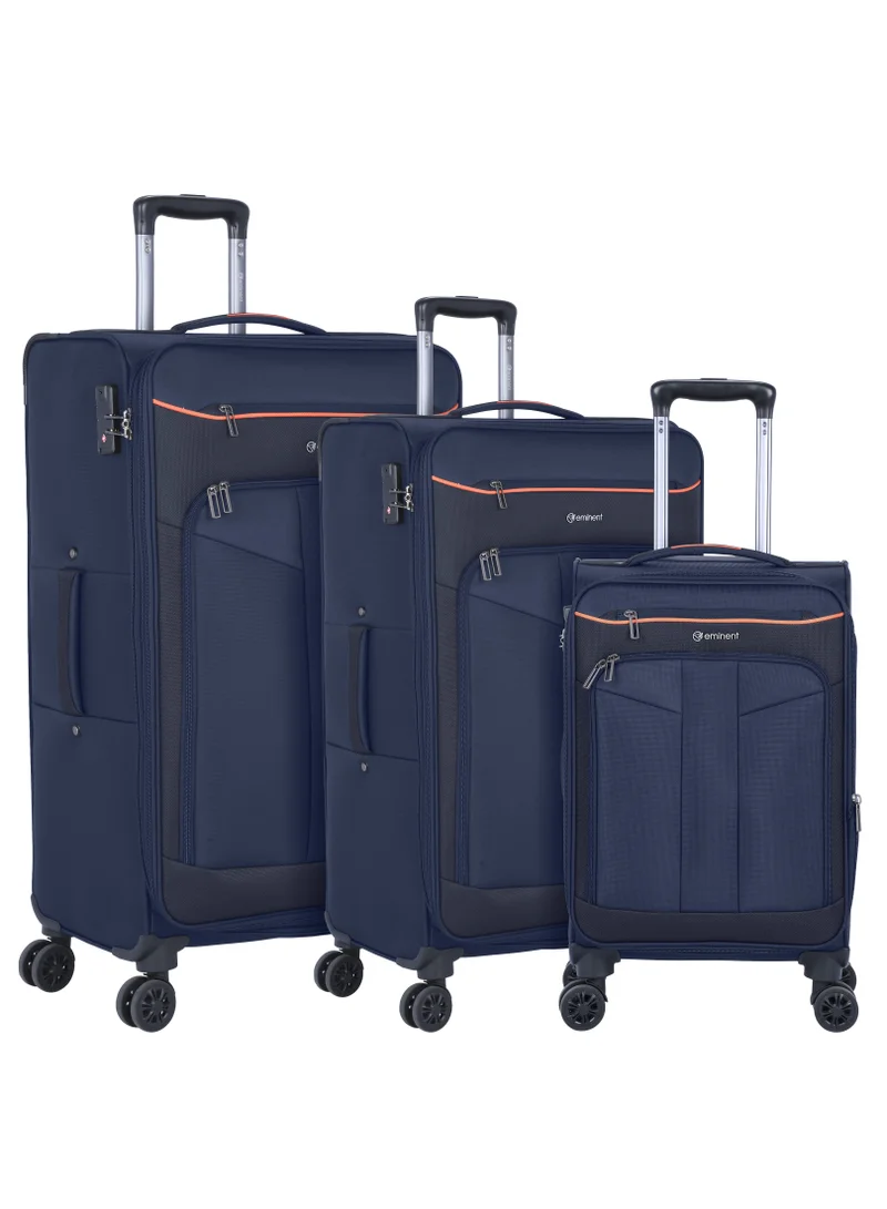 إيمينينت Unisex Soft Travel Bag Trolley Luggage Set of 3 Polyester Lightweight Expandable 4 Double Spinner Wheeled Suitcase with 3 Digit TSA lock E788 Navy Blue