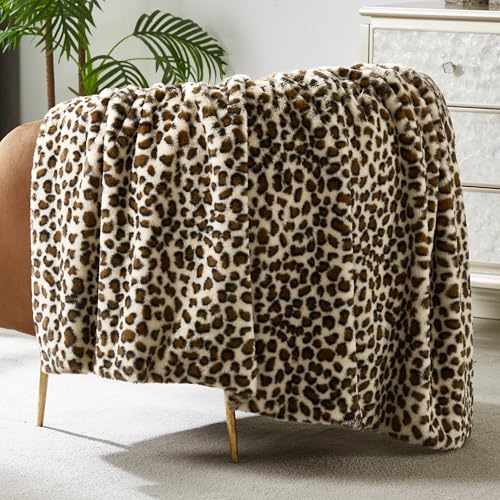 JONIYEAR Cozy Plush Brown Cheetah Faux Rabbit Fur Throw Blanket 50" x 60",Decorative Thick Fuzzy Leopard Lap Blankets for Women, Soft Fluffy Animal Printed Warm Shaggy Blanket for Winter Fall, Beige - Image 1