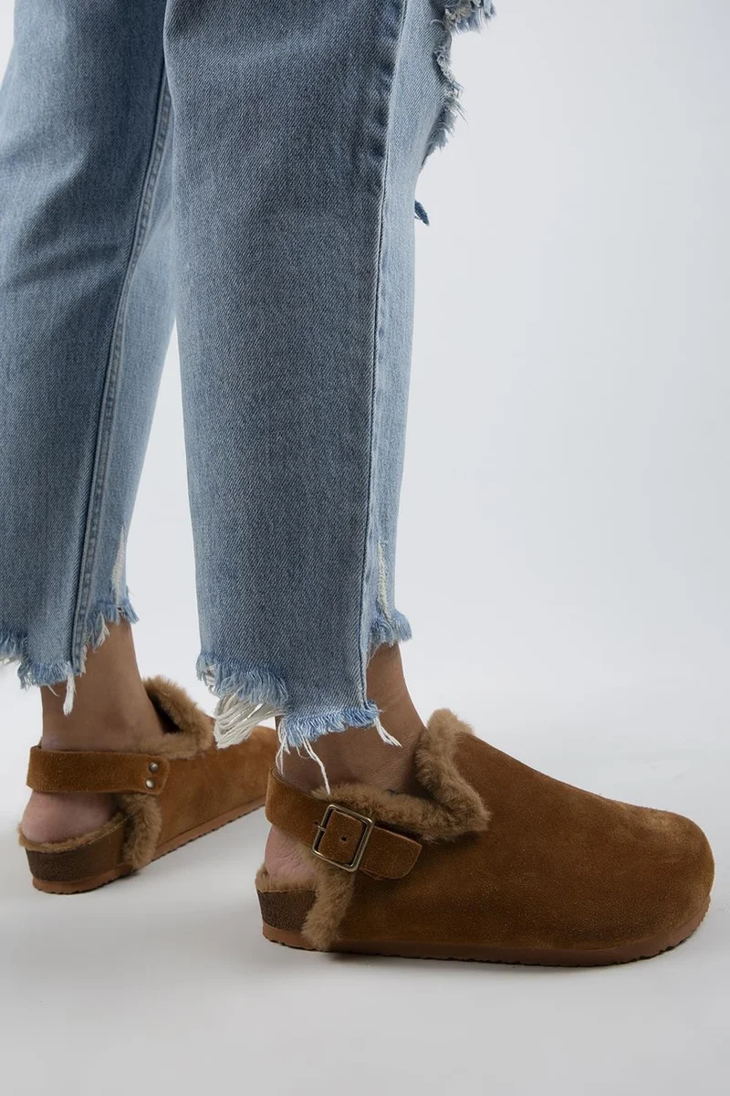 Manijero Manijero Holly Fur-Lined Women's Genuine Leather Fur-Lined Genuine Leather Belted Buckle Tan Sandals