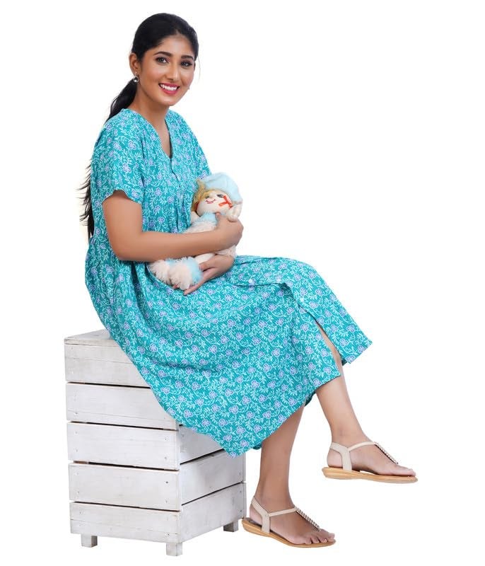 MENMAII Women's Pleated/AliaCut (L to 4XL)- Front Open/Button Down/Maternity/Feeding/Elderly/Hospital Use Short Length Dress -[RamaGreen ] - Image 3