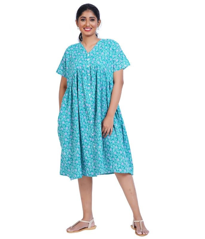 MENMAII Women's Pleated/AliaCut (L to 4XL)- Front Open/Button Down/Maternity/Feeding/Elderly/Hospital Use Short Length Dress -[RamaGreen ] - Image 1