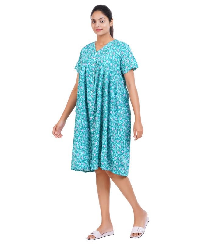 MENMAII Women's Pleated/AliaCut (L to 4XL)- Front Open/Button Down/Maternity/Feeding/Elderly/Hospital Use Short Length Dress -[RamaGreen ] - Image 5