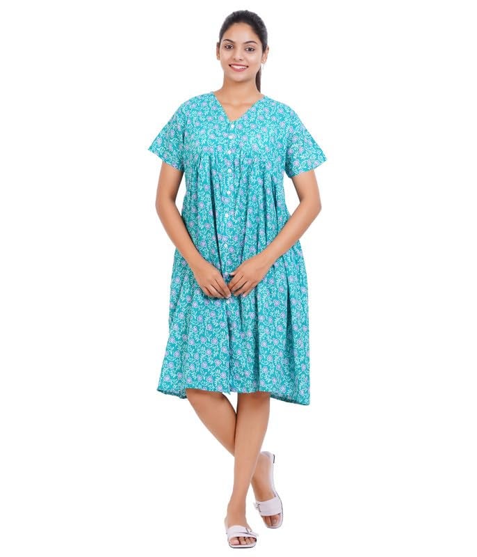 MENMAII Women's Pleated/AliaCut (L to 4XL)- Front Open/Button Down/Maternity/Feeding/Elderly/Hospital Use Short Length Dress -[RamaGreen ] - Image 2