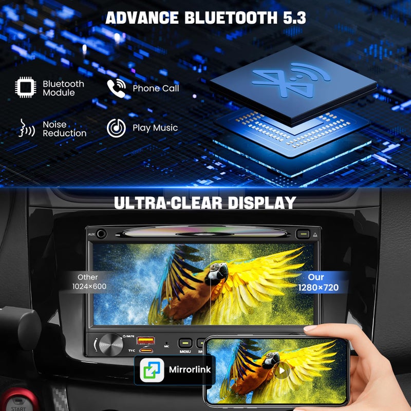 WOWiViD [QLED Screen Upgrade] 7" Double Din Car Stereo CD DVD Player, Wireless CarPlay and Android Auto, Bluetooth 5.3, 240W 4.2-Channel Audio Output, MirrorLink, Backup Camera, AM/FM Type-A/C - Image 5