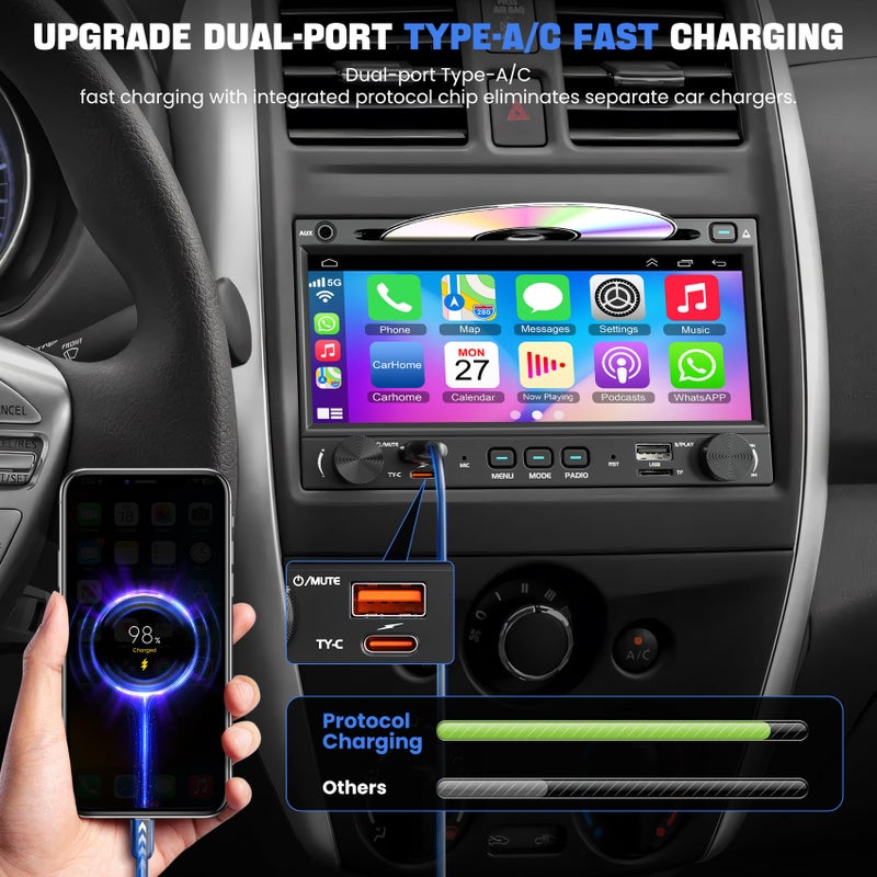 WOWiViD [QLED Screen Upgrade] 7" Double Din Car Stereo CD DVD Player, Wireless CarPlay and Android Auto, Bluetooth 5.3, 240W 4.2-Channel Audio Output, MirrorLink, Backup Camera, AM/FM Type-A/C - Image 2