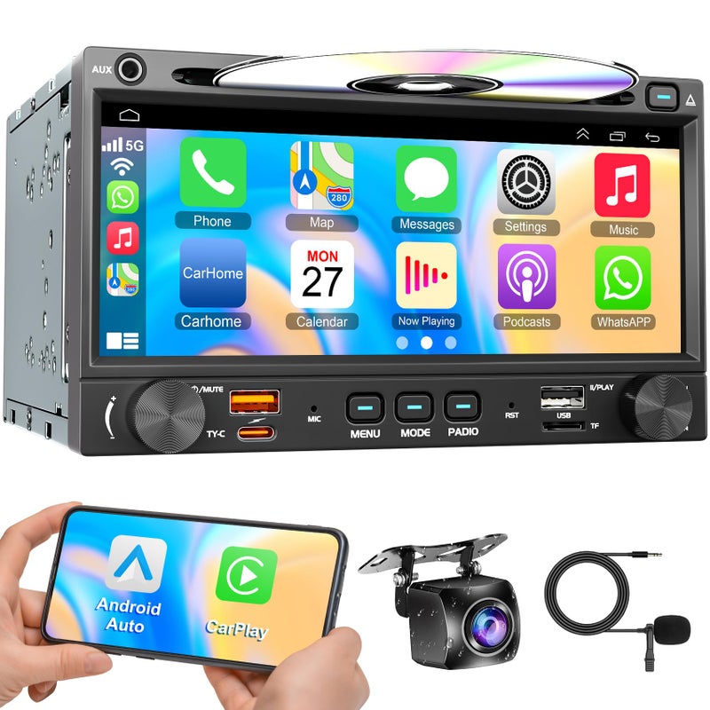 WOWiViD [QLED Screen Upgrade] 7" Double Din Car Stereo CD DVD Player, Wireless CarPlay and Android Auto, Bluetooth 5.3, 240W 4.2-Channel Audio Output, MirrorLink, Backup Camera, AM/FM Type-A/C - Image 1