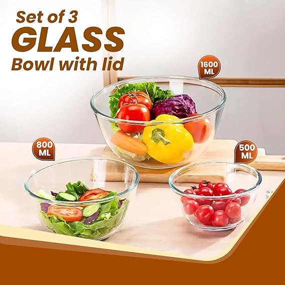 smart serve طقم وعاء خلط زجاجي من سمارتسيرف من البورسليكات مكون من 3 قطع | 500 مل، 800 مل و 1.6 لتر | آمن للاستخدام في الفرن والميكروويف | مقاوم للخدوش، آمن في غسالة الصحون والفريزر | أوعية تقديم مطبخ متعددة الاستخدامات ودائمة - Image 2