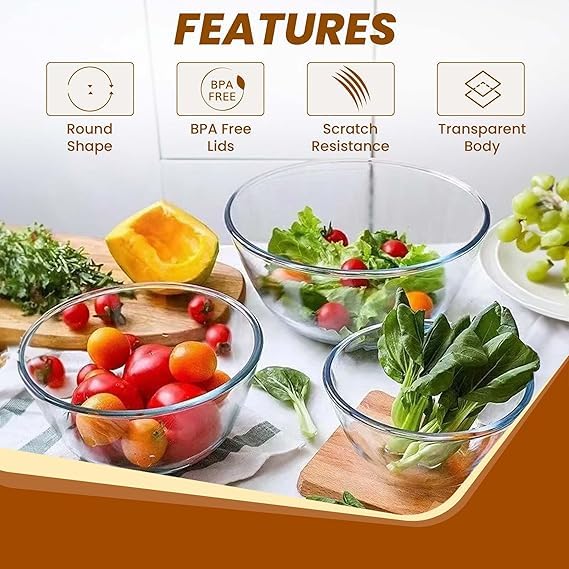 smart serve طقم وعاء خلط زجاجي من سمارتسيرف من البورسليكات مكون من 3 قطع | 500 مل، 800 مل و 1.6 لتر | آمن للاستخدام في الفرن والميكروويف | مقاوم للخدوش، آمن في غسالة الصحون والفريزر | أوعية تقديم مطبخ متعددة الاستخدامات ودائمة - Image 3