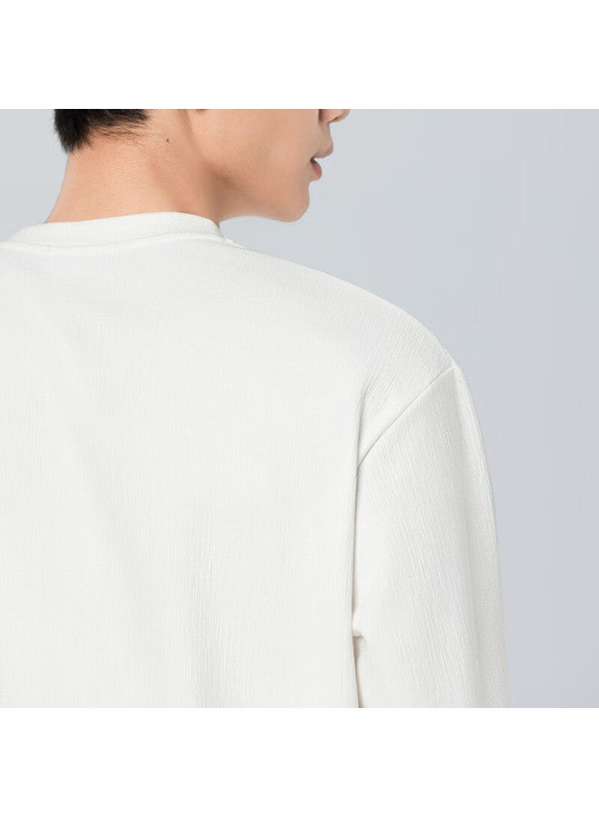 Markless Embossed Vertical Stripe Heavyweight Long-sleeve T-shirt For Men, Autumn And Winter Loose Casual Top Undershirt 5602 Pearl White XL - Image 2