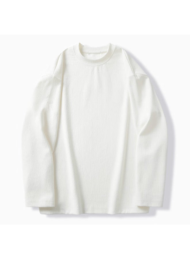 Markless Embossed Vertical Stripe Heavyweight Long-sleeve T-shirt For Men, Autumn And Winter Loose Casual Top Undershirt 5602 Pearl White XL - Image 4